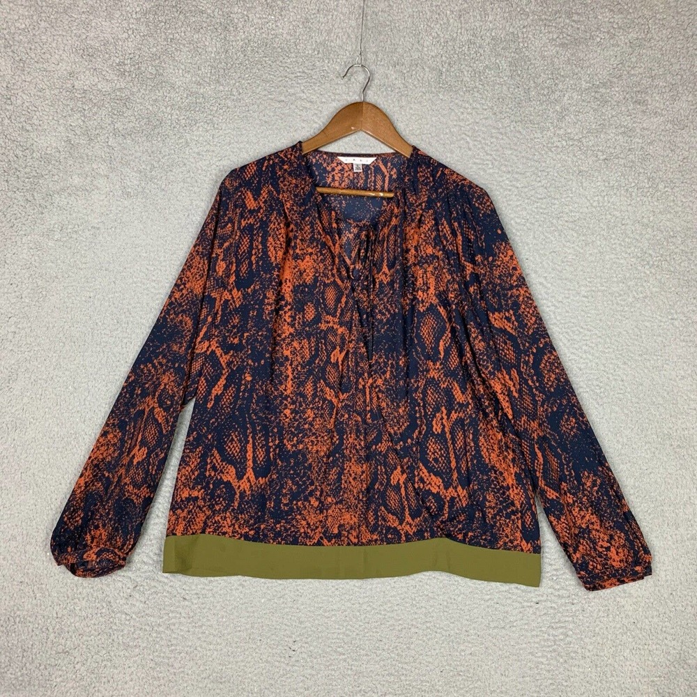 Cabi Blouse Womens Large Long Sleeve Snake Print Faux Wrap Green Accent Hem